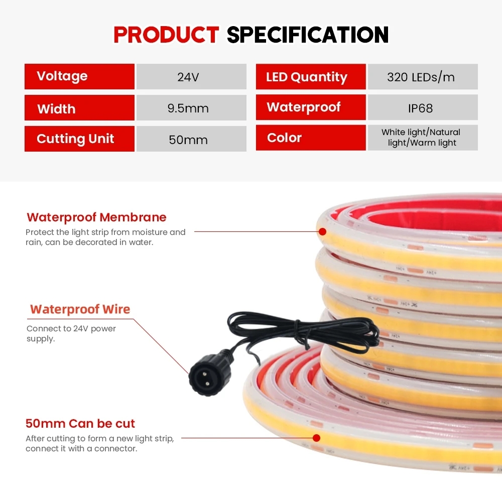 Lampu LED Strip COB 24V IP68 T - Outdoor Power Strip ulasan dan harga